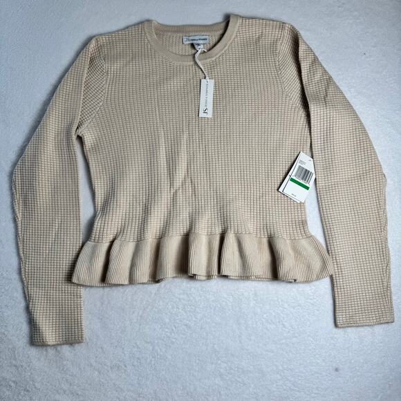 Jessica Simpson Tops - Jessica Simpson Waffle Knit Peplum Sweater Women’s Large Beige Cream Ruffle NWT